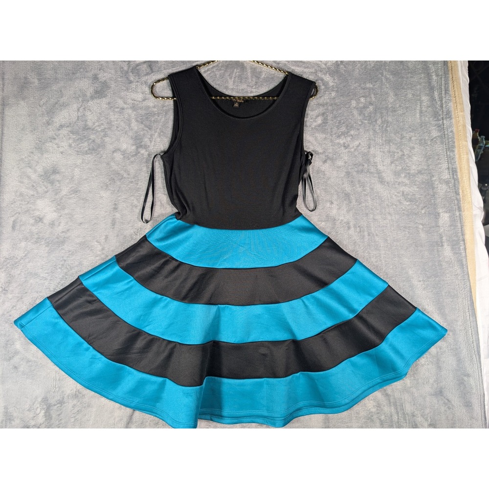 City Studio Womens Fit and Flare Dress Black Teal Stripe Sleeveless Medium